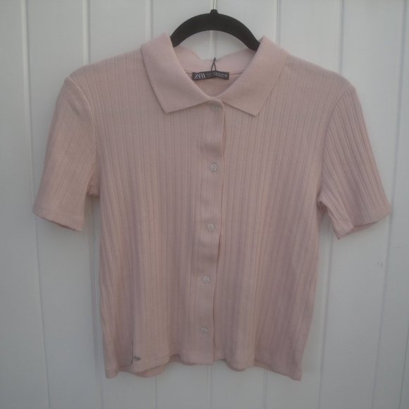 Zara Cropped Top Peach Button Down Front Short Sleeve Knit New Size Med - Picture 2 of 5